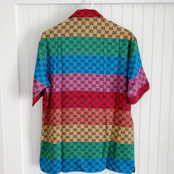 New Authentic Gucci GG Multicolor Short Sleeve Silk Shirt - Picture 6 of 9